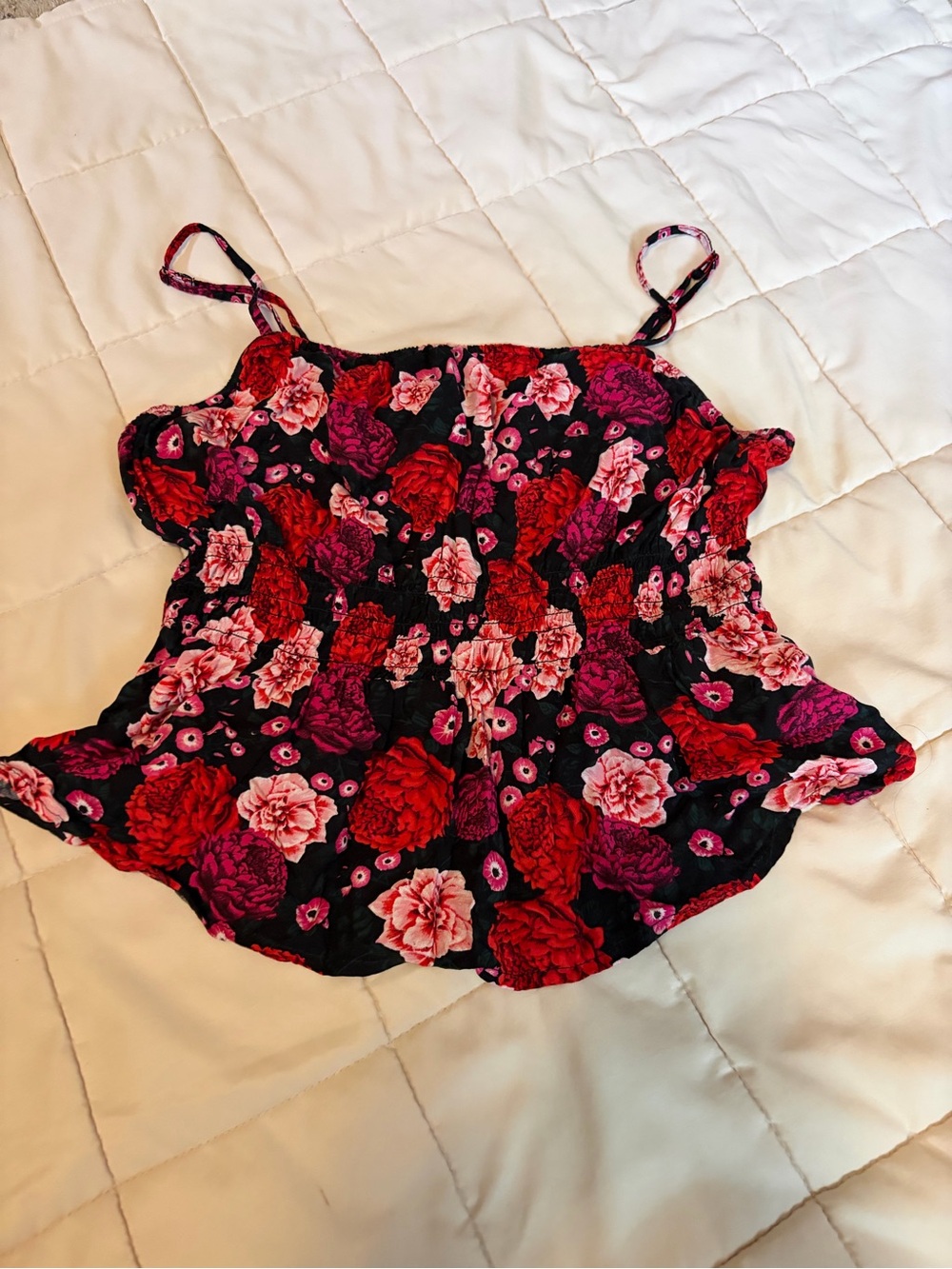 Old Navy Floral Smocked Cami Top - Black with Red & Pink Flowers
